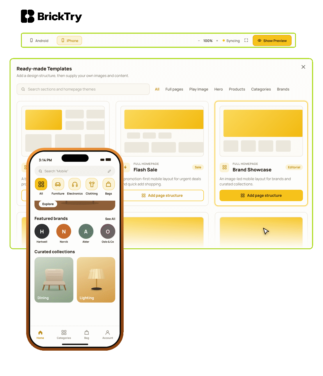 Mobile storefront preview in BrickTry